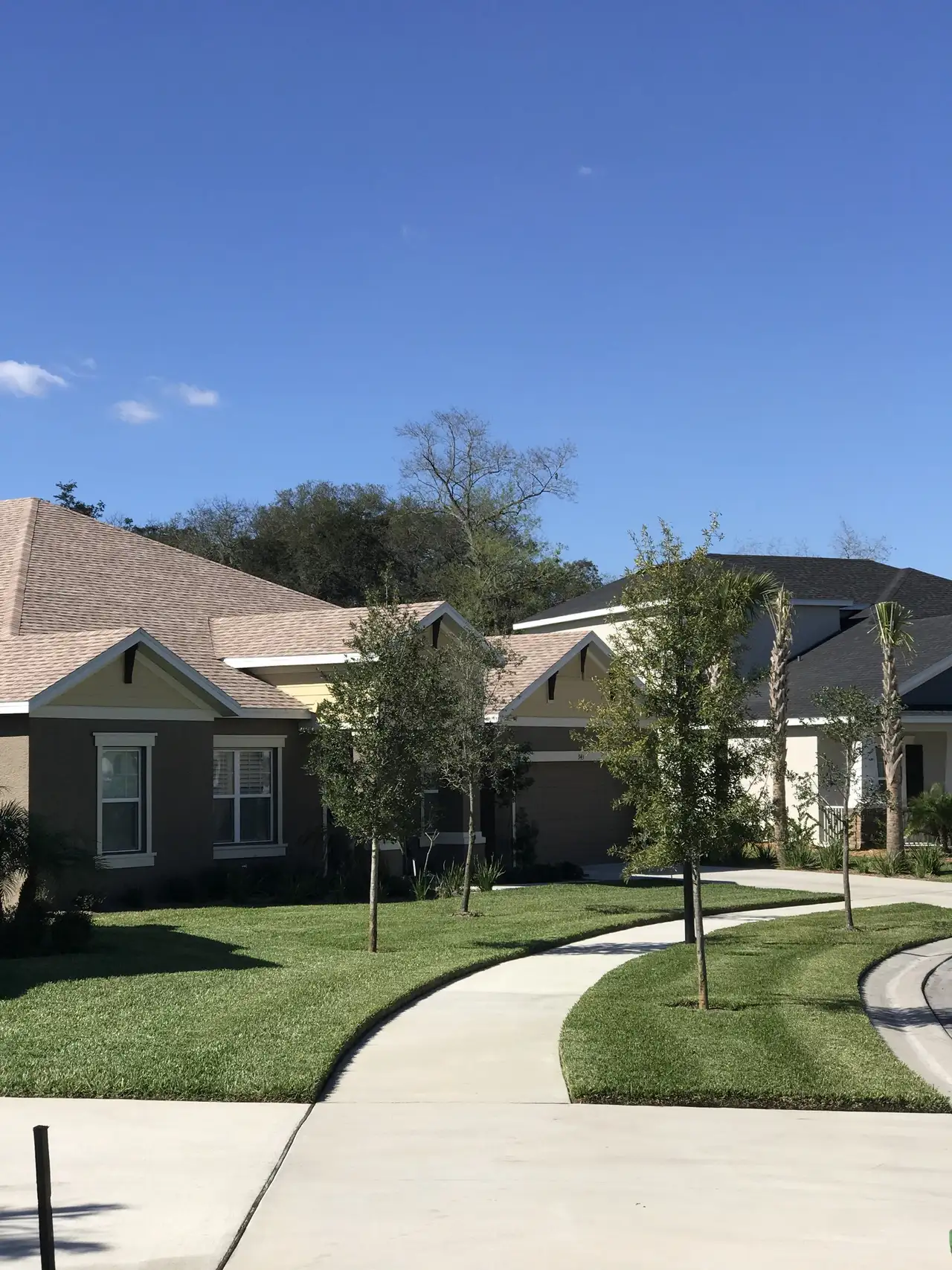 Freshly mowed and edged front lawn along a curved sidewalk in a Riverview neighborhood